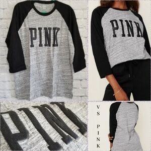 Victoria's Secret PINK Logo Black Glitter Bling Grey Baseball Tee Shirt New Lrge